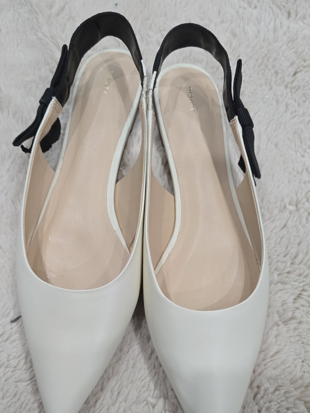 Maeve White Pointed Slingback Flats with Black Bow